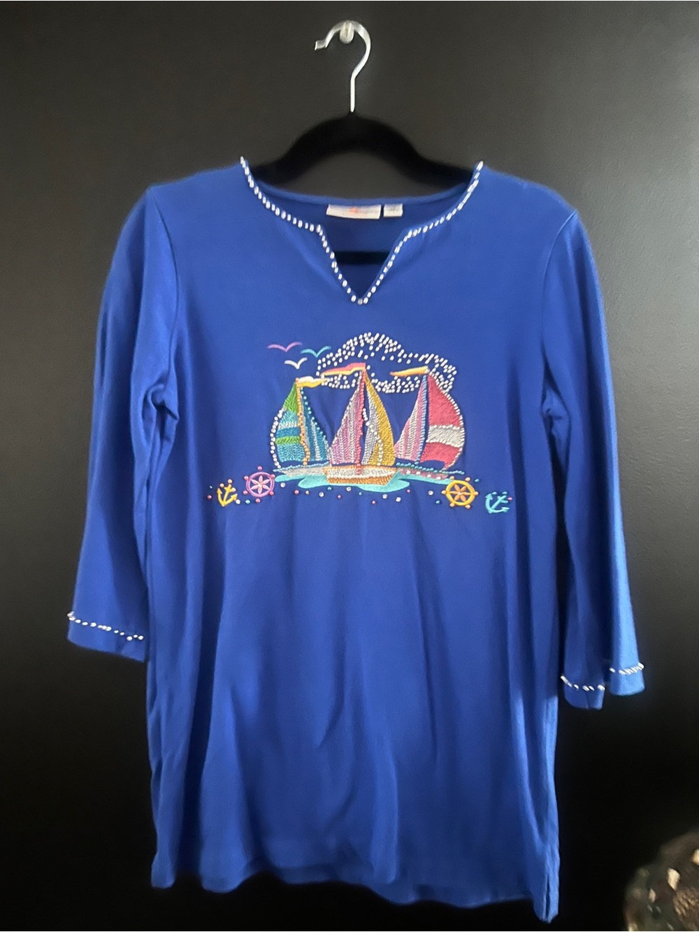 Quacker Factory Women’s Nautical Sailboat Beaded 3/4 Sleeve Top Size XS